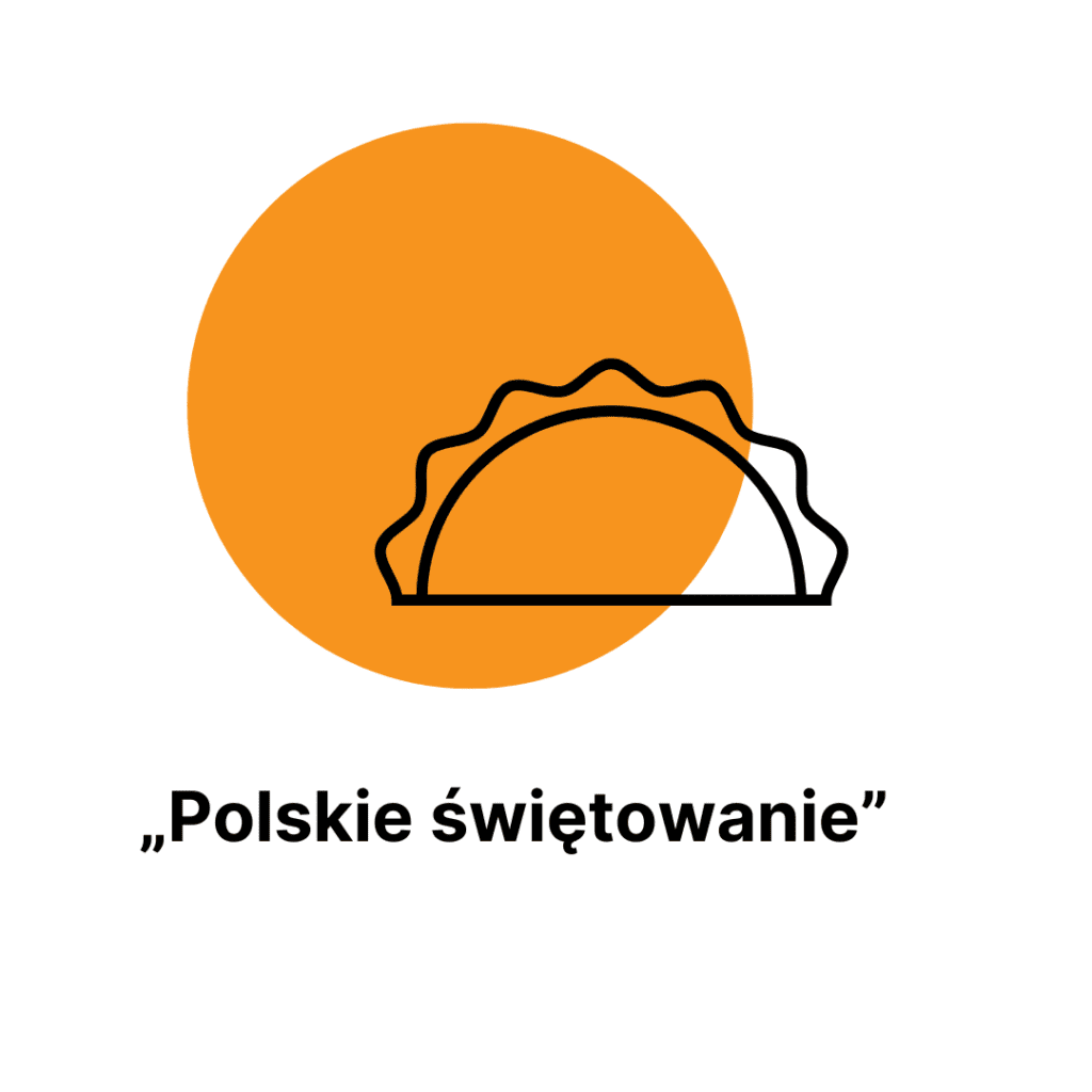 Czarna ikona pieroga na pomarańczowym okręgu. Pod spodem napis Polskie świętowanie