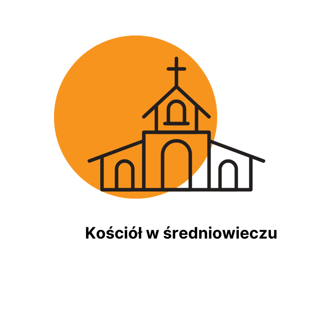 Czarna ikona kościoła na pomarańczowym okręgu. Pod spodem napis Kościół w średniowieczu