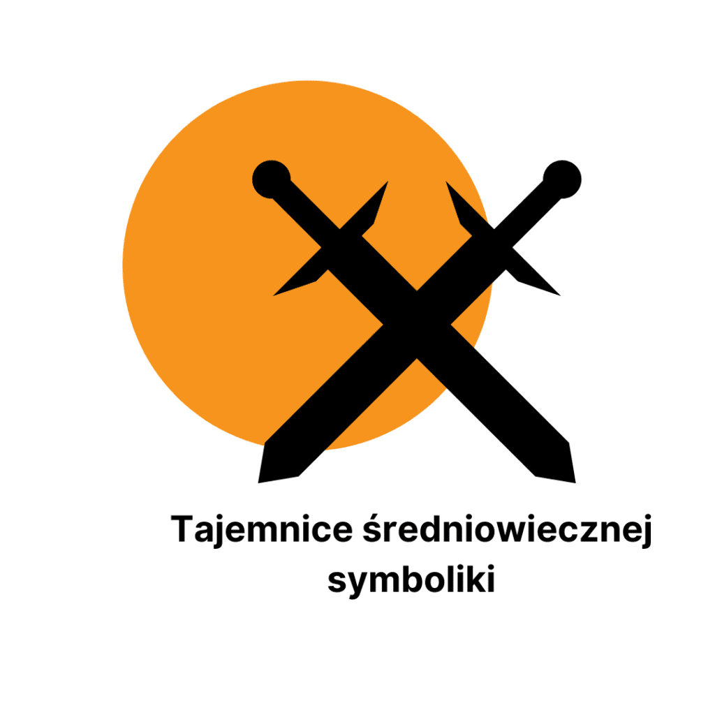 Czarna ikona dwóch skrzyżowanych mieczy na pomarańczowym okręgu. Pod spodem napis Tajemnice średniowiecznej symboliki