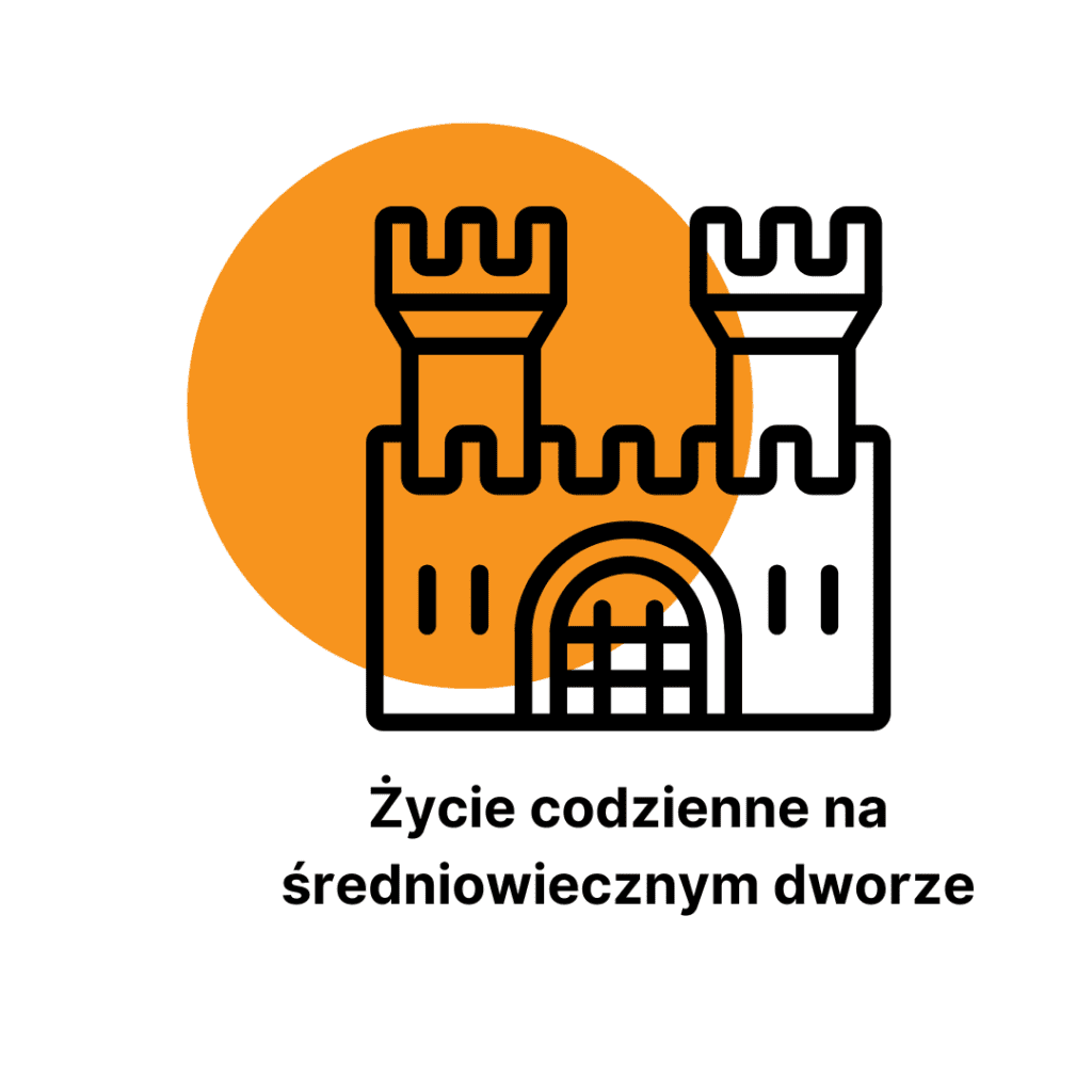Czarna ikona zamku na pomarańczowym okręgu. Pod spodem napis Życie codzienne na średniowiecznym dworze