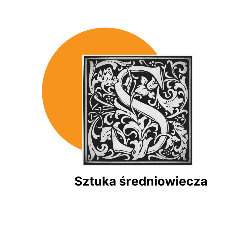 Czarna ikona średniowiecznego symbolu S z ornamentami na pomarańczowym okręgu. Pod spodem napis Sztuka średniowiecza