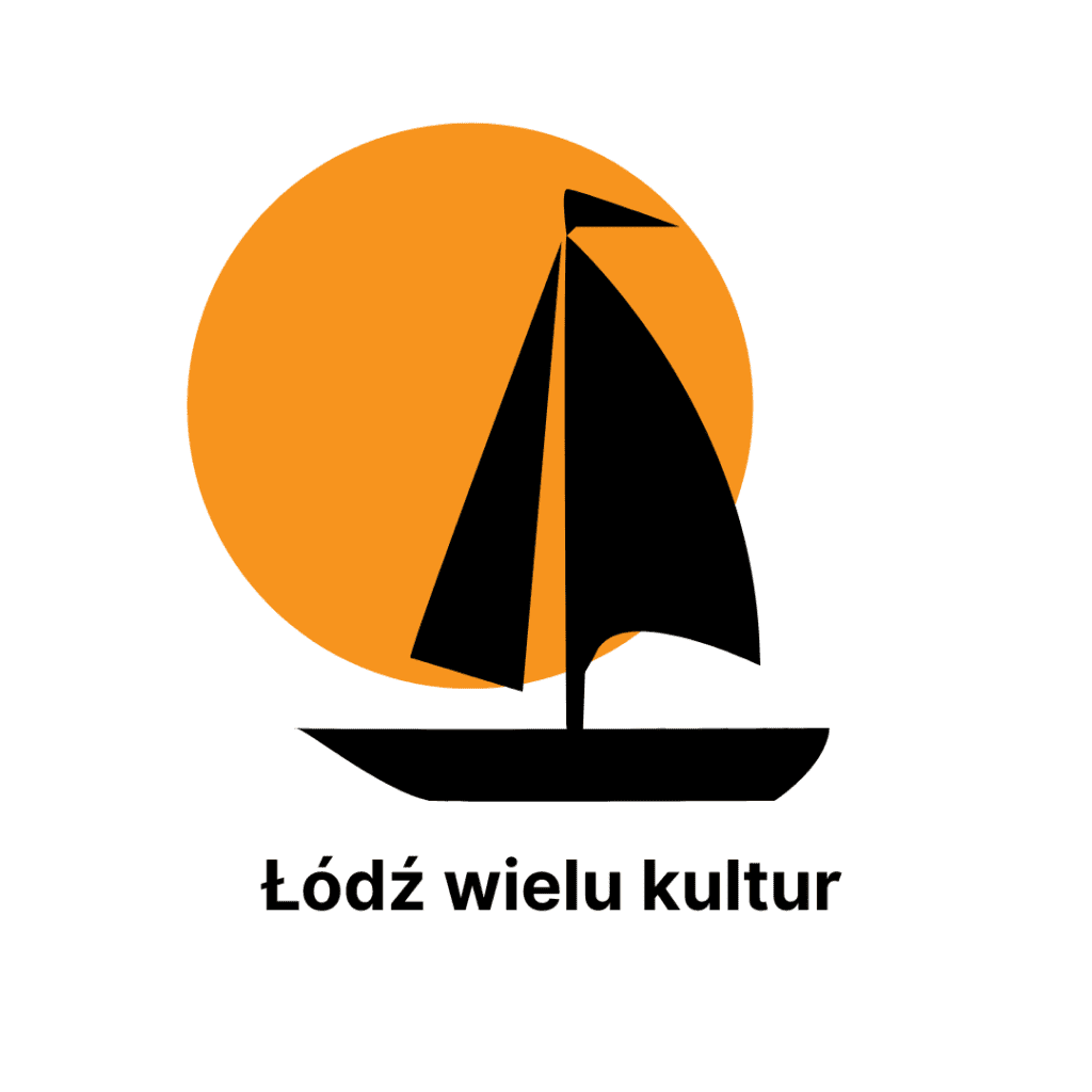 Czarna ikona Łódka na pomarańczowym okręgu. Pod spodem napis Łódź wielu kultur