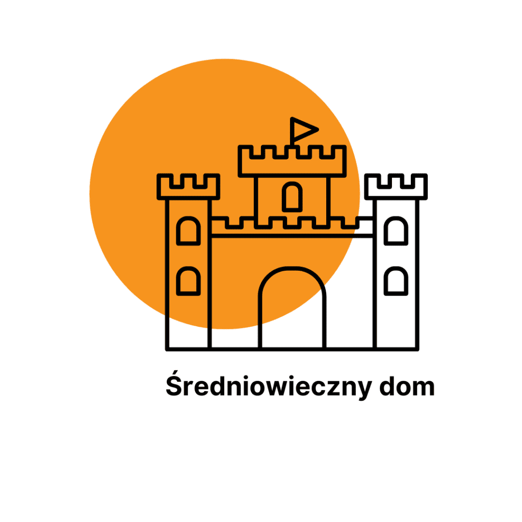 Czarna ikona zamku na pomarańczowym okręgu. Pod spodem napis Średniowieczny dom