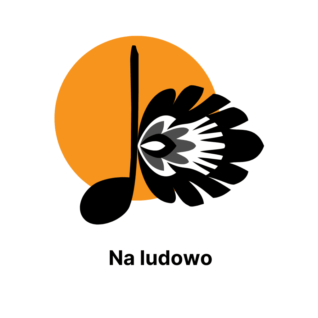 Czarna nuta z folklorowym akcentem na pomarańczowym okręgu. Pod spodem napis Na ludowo