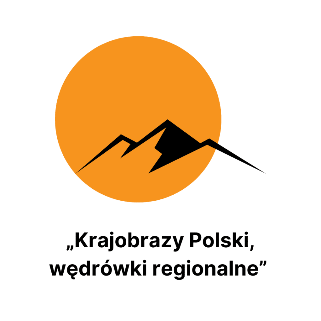 Czarna ikona szczytów gór na pomarańczowym okręgu. Pod spodem napis Krajobrazy Polski, wędrówki regionalne
