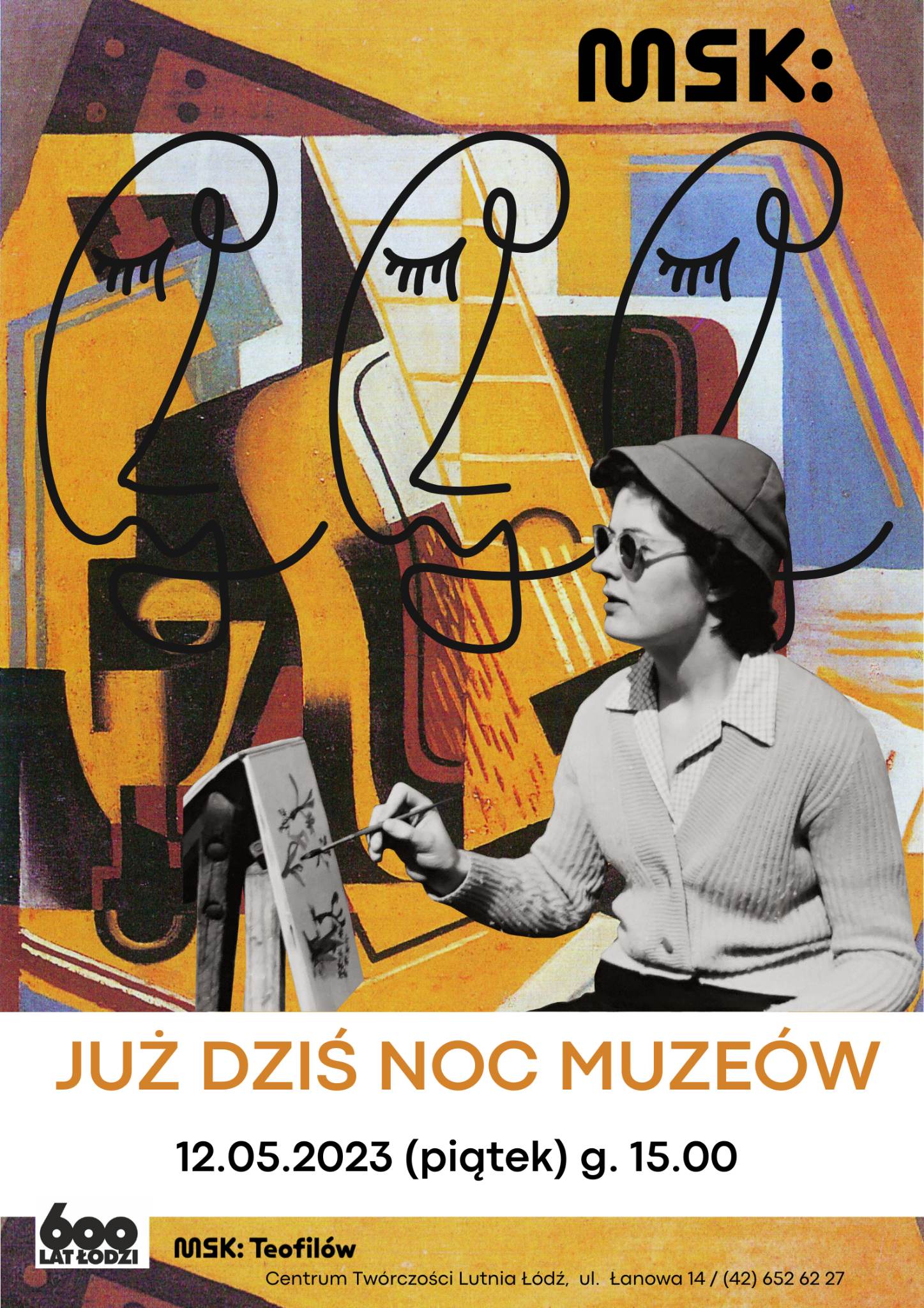 Na tle kubistycznego obrazu w kolorach żółty, pomarańczowy, brązowy czarnobiała postać kobiety przy sztaludze. Kobieta ma okulary przeciw słoneczne, na głowie kapelusz, a w ręku pędzel. Kobieta maluje obraz.