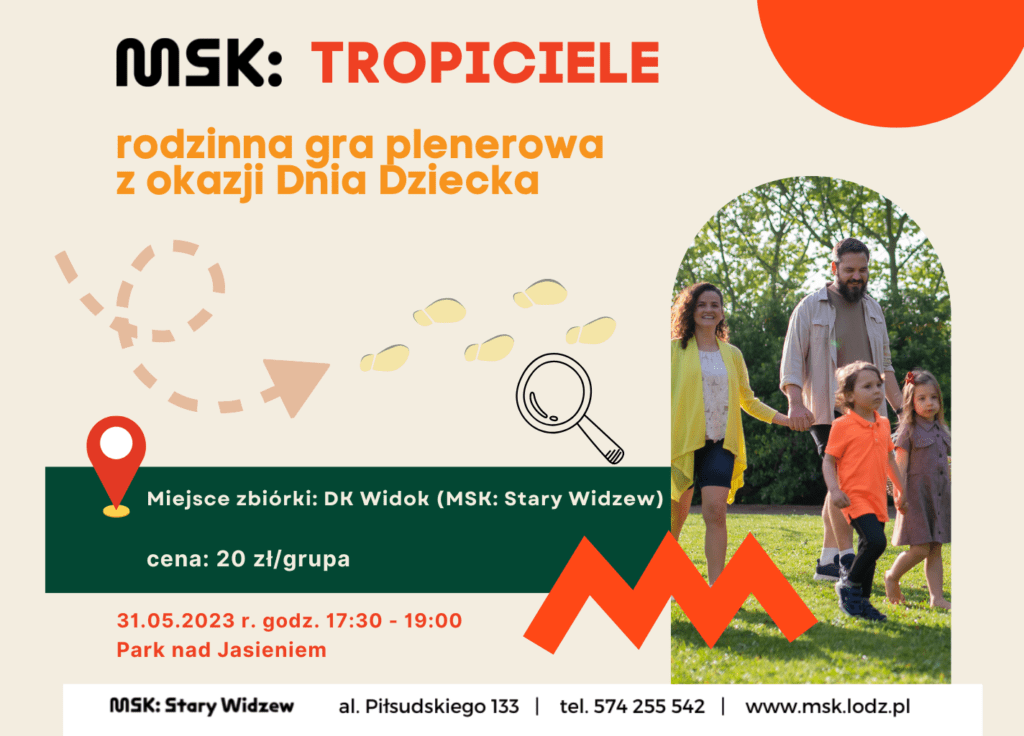 Plakat z informacjami o wydarzeniu (31.05.2023 godz. 17:30-19), na zdjęciu rodzice z dwójką dzieci.