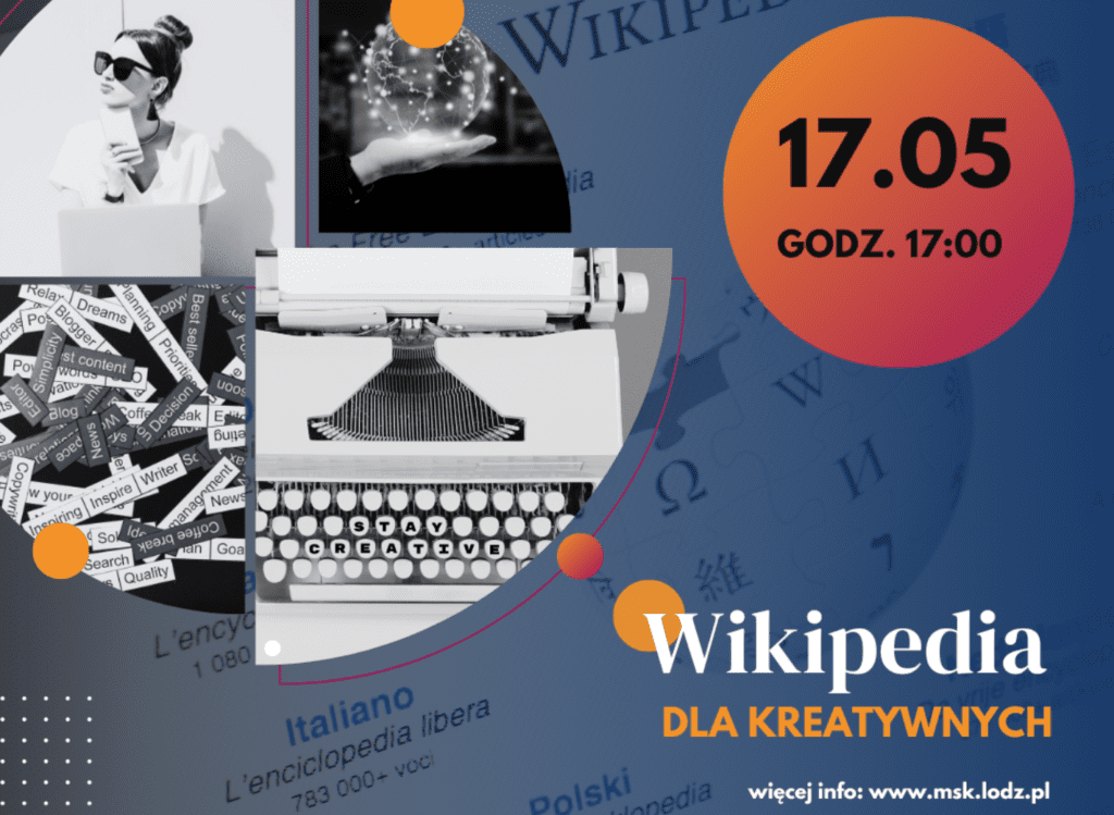 kobieta, klawiatura oraz rozsypanka wyrazowa w okręgu. W tle widać stronę internetową Wikipedii.