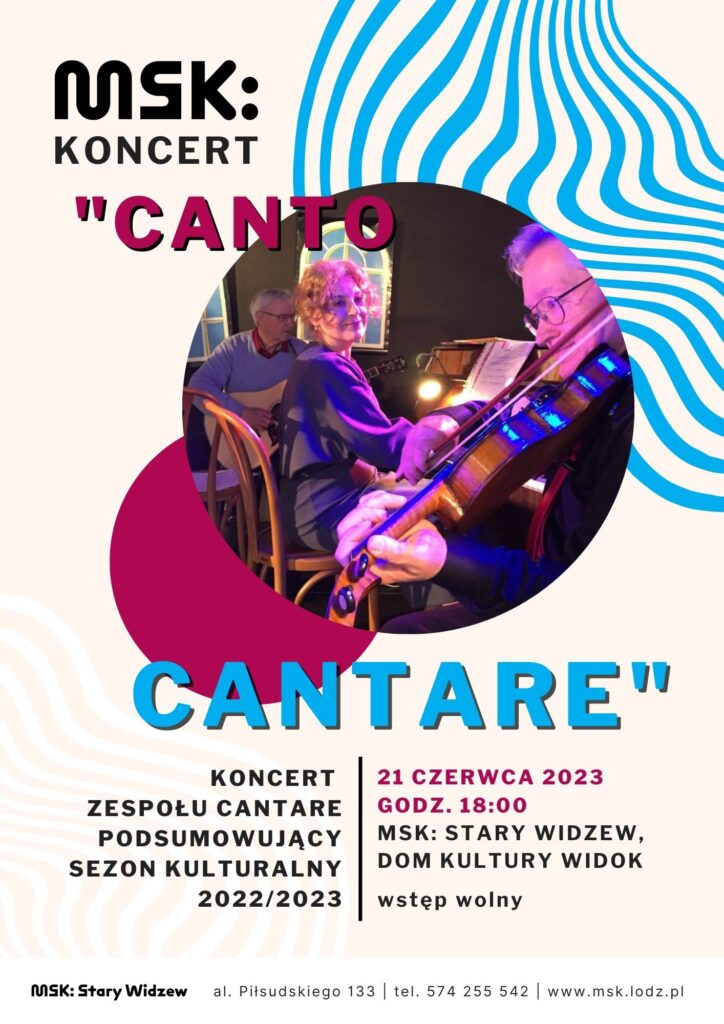 Plakat informujący o koncercie w dniu 21.06.2023 r. godz. 18:00. Na środku okrągła fotografia z kobietą grającą na pianinie i mężczyzną grającym na skrzypcach. Tło kremowe z błękitnymi falami. 