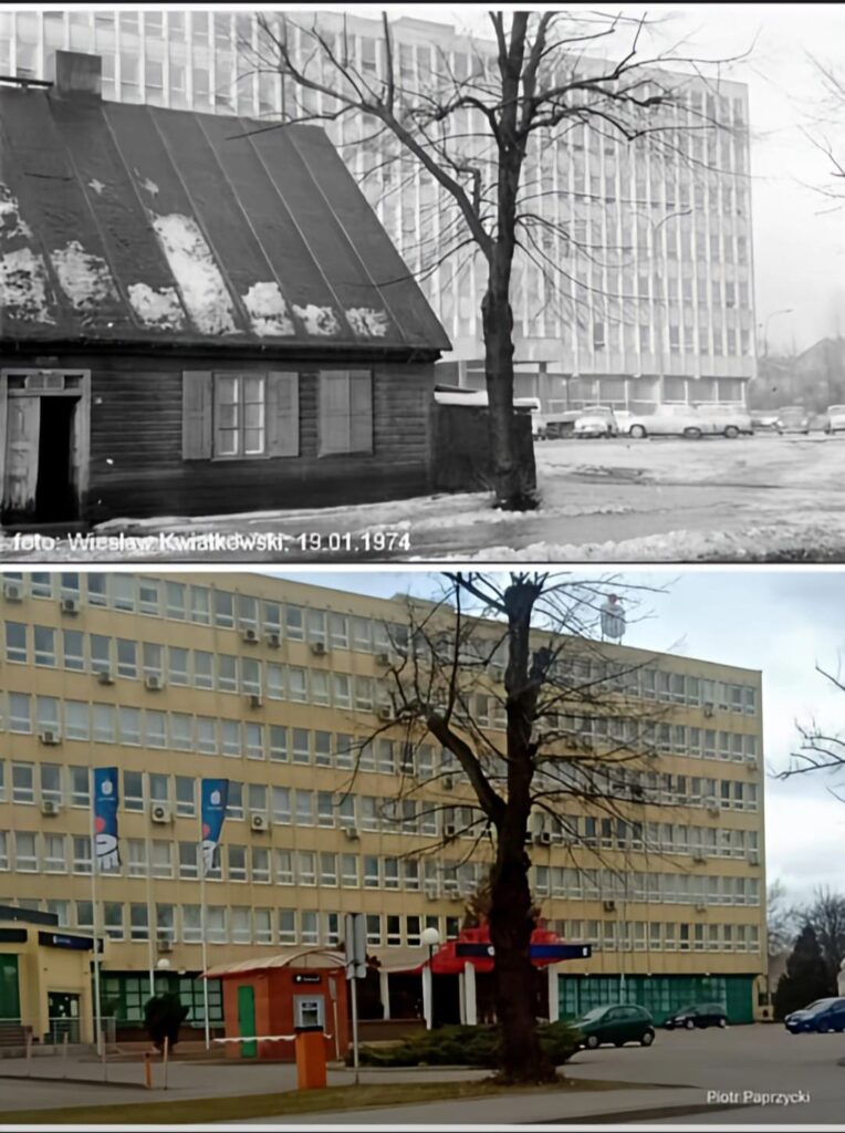 Zestawienie dwóch zdjęć na górze archiwalne, na dole współczesne. Na górze domek kunitzerowski, za nim biurowiec. Zdjęcie na dole sam biurowiec, dziś budynek banku. 