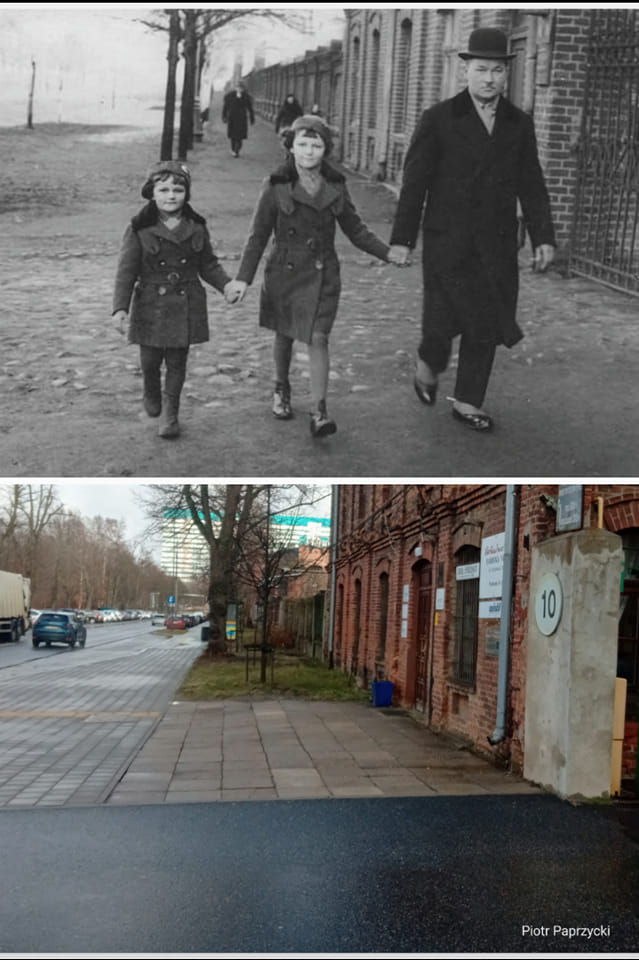 Zestawienie dwóch zdjęć na górze archiwalne, na dole współczesne. Na górze zdjęcie ojca z dwojgiem dzieci. Wszyscy trzymają się za ręce. Na dole współczesne wejście do fabryki. 