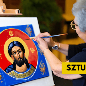 Starsza kobieta pisze ikonę z Jezusem.