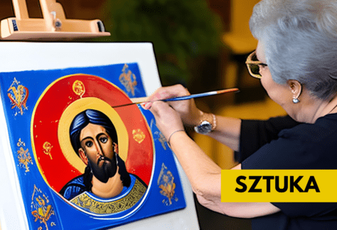 Starsza kobieta pisze ikonę z Jezusem.