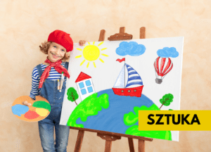 zdjęcie przedstawia dziecko stojące przy sztaludze po wykonaniu pracy. Trzyma w ręku paletę z farbami.