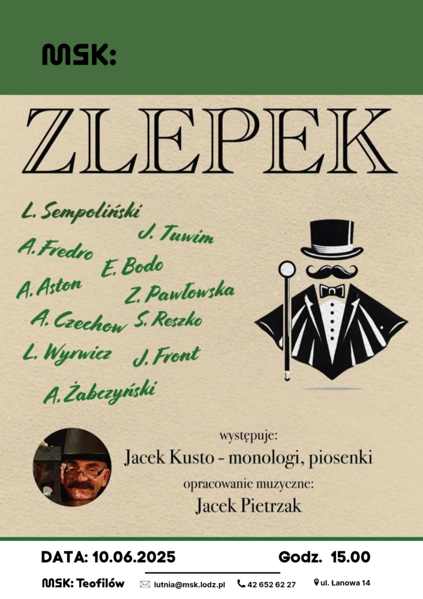 Plakat spektaklu Zlepek. Na górze zielony pas, pod nim na szarym tle ZLEPEK. Z prawej strony zarys męskiej postaci.