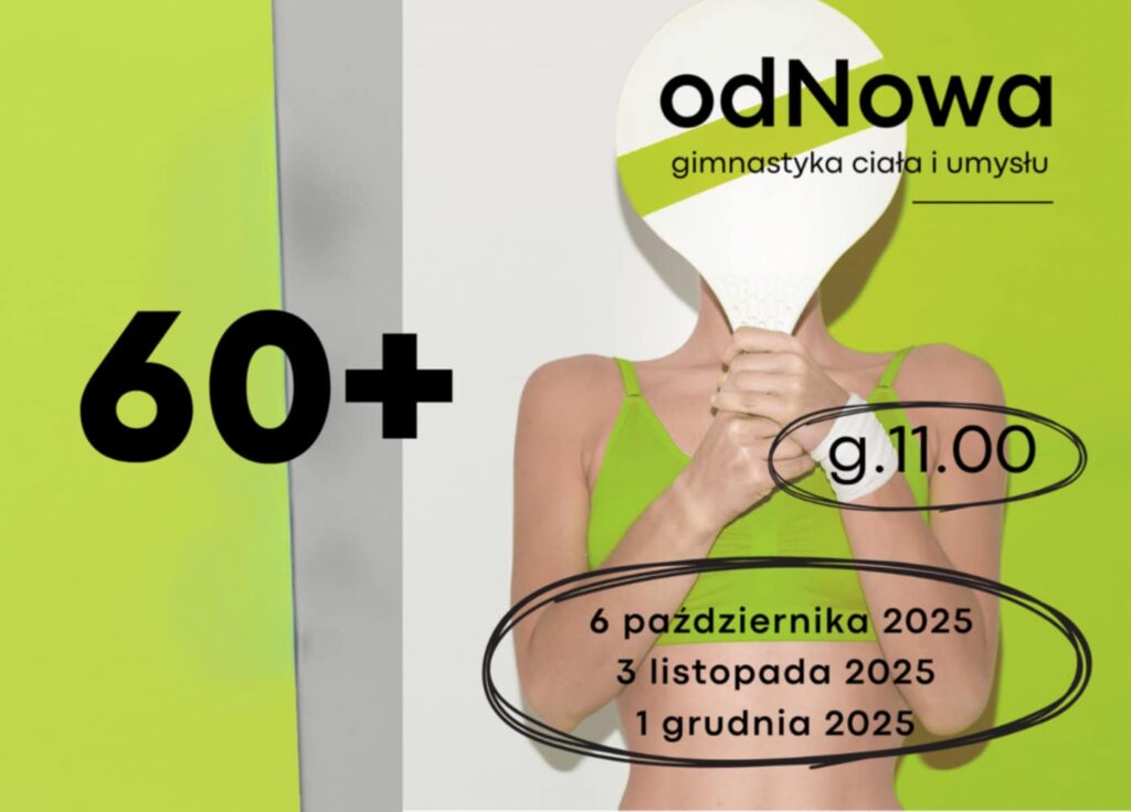 Grafika przedstawia osobę w stroju fit. Twarz osoby zakryta jest białą paletką tenisową. na lewo grafiki duży napis 60+