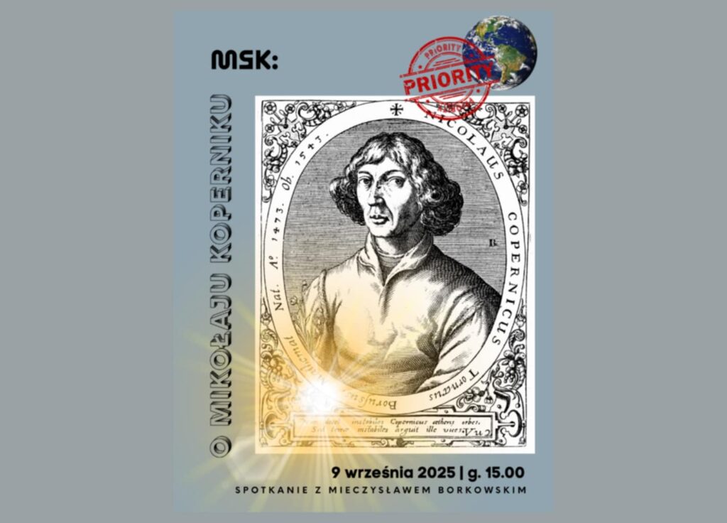 Grafika przedstawia znaczek z wizerunkiem Mikołaja Kopernika. W górnym, prawym rogu ziemia, w dolnym lewym słoneczny błysk.