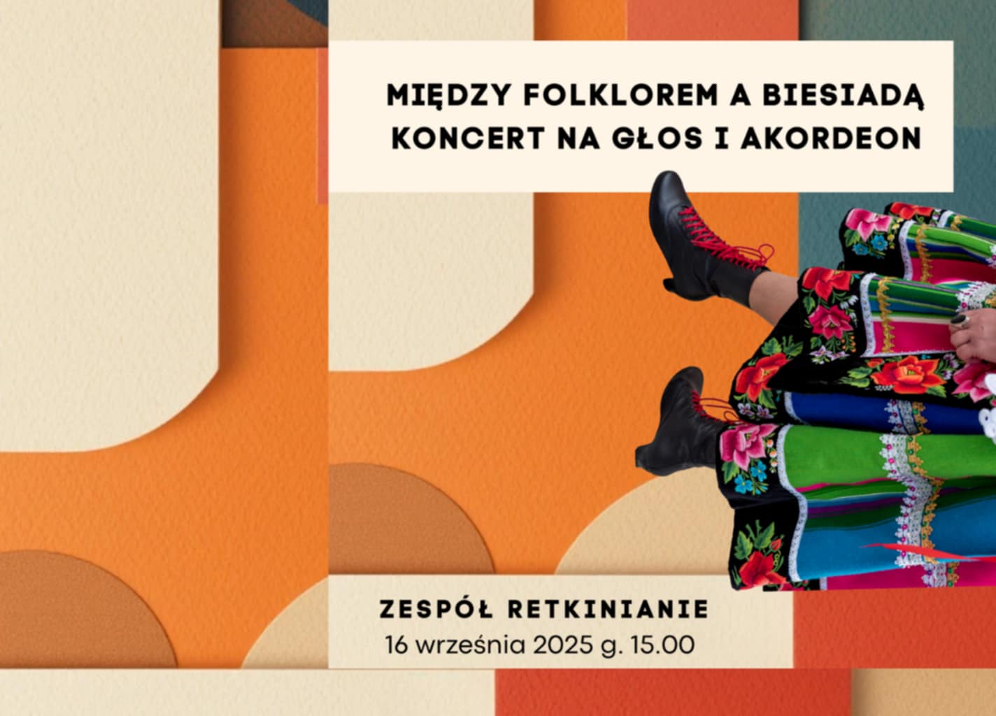 Grafika przedstawia kolorowe tło, złożone z figur geometrycznych. W prawej linii łowicka spódnica i czarne, ludowe buty z czerwonymi sznurówkami.