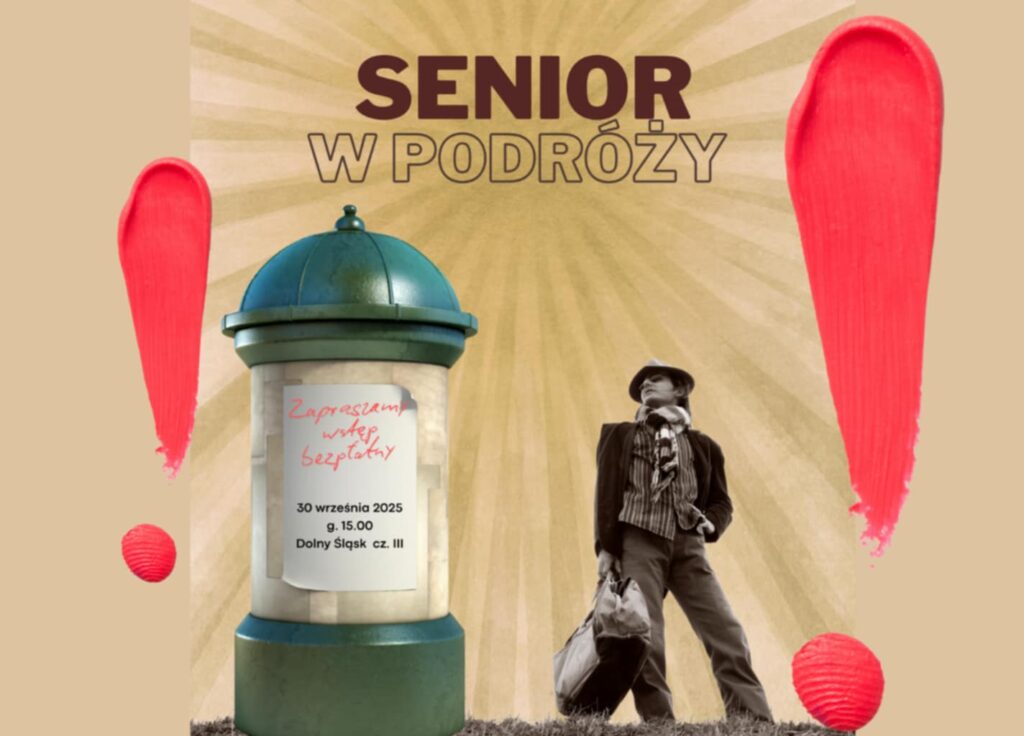 Grafika przedstawia mężczyznę z walizką. Obok niego po lewej stronie słup ogłoszeniowy z terminem wydarzenia.