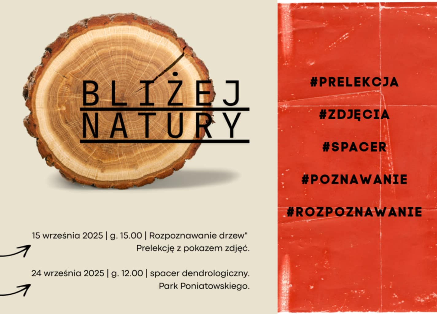 Grafika przedstawia pień drzewa z napisem Bliżej Natury.